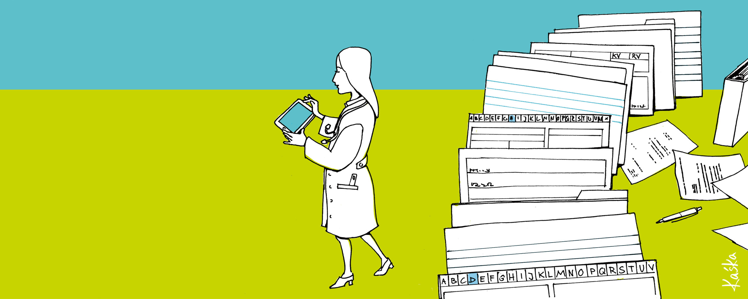 Illustration - Eine &Auml;rztin und viele Patientenakten